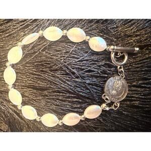 St. Peregrine Patron Saint Pearl Bracelet Catholic Healing Medal 8.5”